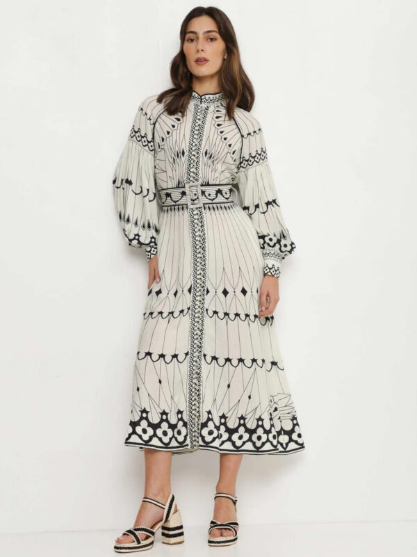 Shirt Dresses Printed Long Sleeves Round Neck Casual Midi Dress