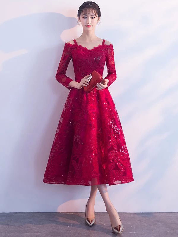 Short Prom Dresses Burgundy Lace Graduation Dress Cold Shoulder Long Sleeve Tea Length Cocktail Dress