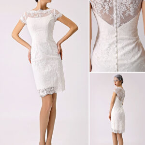 Short Simple Wedding Dress Lace Illusion Short Sleeve Sheath Reception Dress For Bride