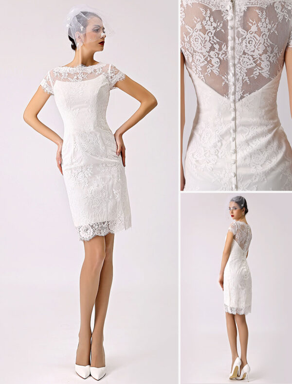 Short Simple Wedding Dress Lace Illusion Short Sleeve Sheath Reception Dress For Bride