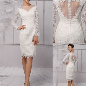 Short Simple Wedding Dress Long Sleeve Illusion Neckline Keyhole Knee Length Sheath Bridal Dress