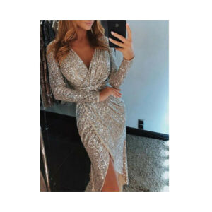 (Silver, XL) Women Sequin Long Dress Evening Party Dress