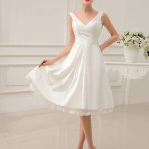 Simple Wedding Dress Ivory Tea Length Backless Pleated Satin Lace Up Bridal Dress