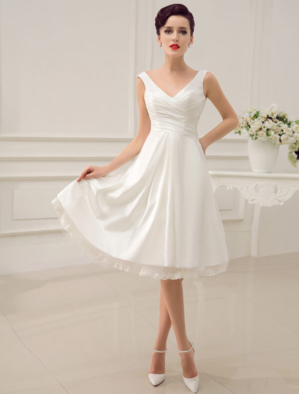 Simple Wedding Dress Ivory Tea Length Backless Pleated Satin Lace Up Bridal Dress