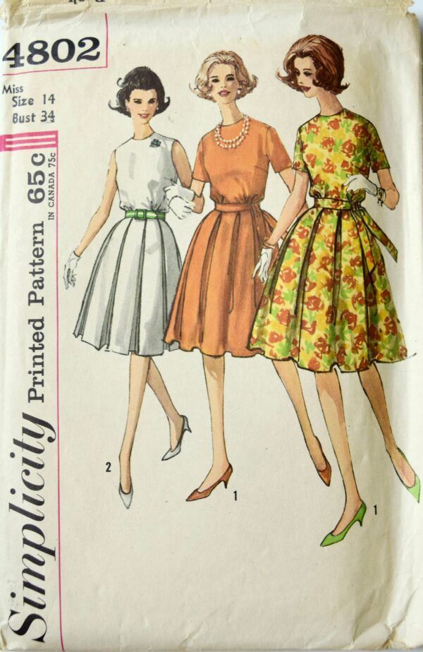 Simplicity 4802 Sewing Pattern Vintage 1960S One-Piece Dress Fit & Flare Box Pleat Skirt Self Belt 60S Bust 34