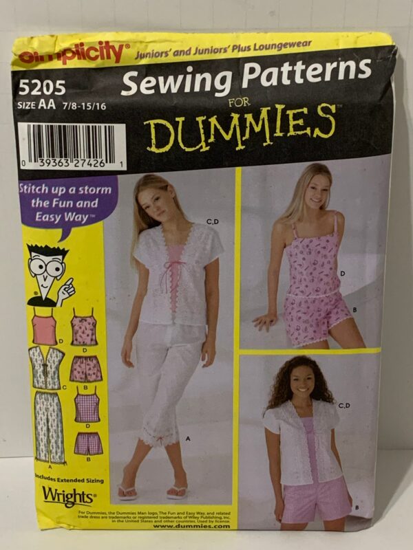 Simplicity Pattern 5205 Juniors' Cropped Pants Shorts Camisole & Top Can Be Pajamas 7/8 Through 15/16 Uncut Ff Oop