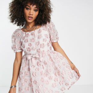 Sister Jane mini babydoll dress in pink floral jacquard with bow