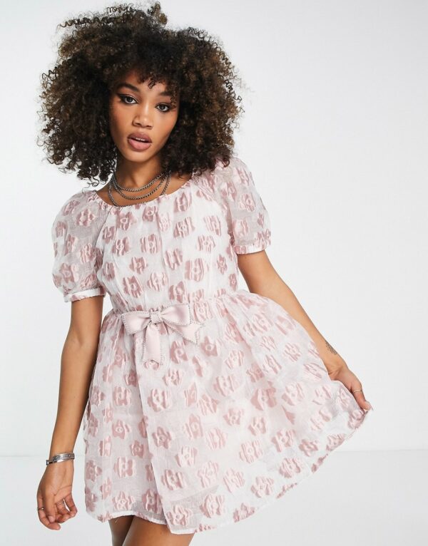 Sister Jane mini babydoll dress in pink floral jacquard with bow