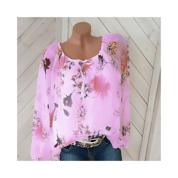 (Size 16, Pink) Plus Size Womens Floral Tops Casual Loose Round Neck Long Sleeve Shirts Blouse