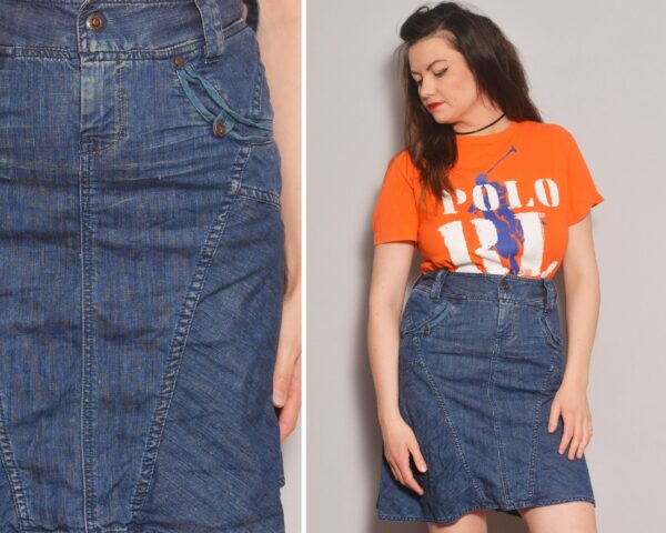 Size 6 8 | Green Washed Blue Jean Diesel Skirt Side Godet High Waist Denim Mini With Pockets Casual Expanding Streetwear