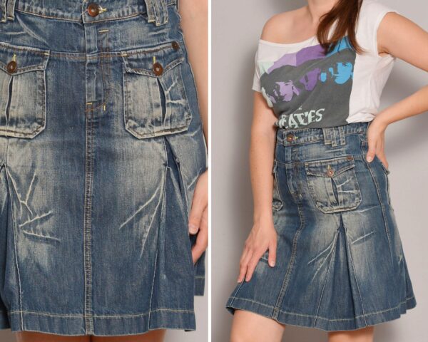 Size 6 | High Waist Heavy Wash Jean Skirt Flap Pockets Godet Denim A Line Mini Streetwear Skater Vintage Flared Rocker