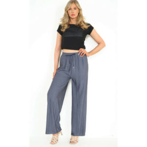 (Slate Grey, UK-8) Womens Ladies Wide Palazzo Leg Pleated Culottes Crinkle Trousers stretch Plazzo