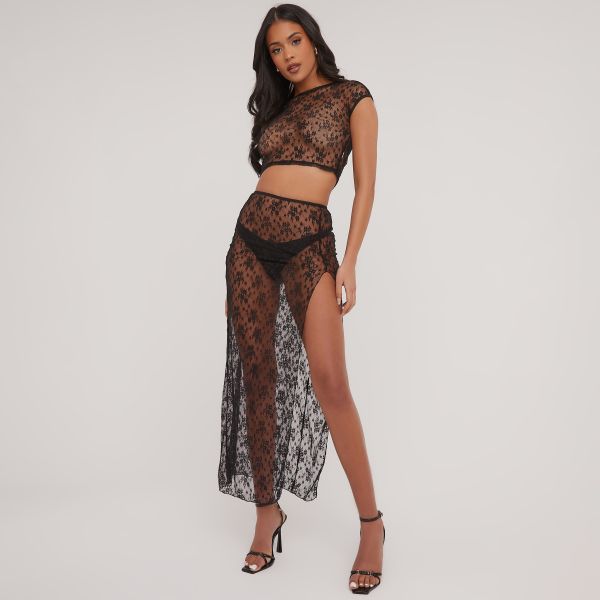 Sleeveless Crop Top And Split Leg Detail Maxi Skirt Co-Ord Set In Black Lace, Women's Size UK Large L