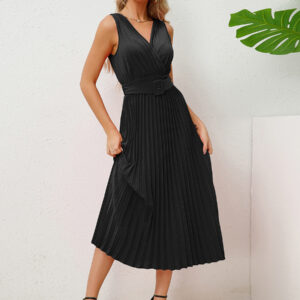 Sleeveless Party Dress V-Neck Accordion Belted Pleated Skirt Midi Dresses