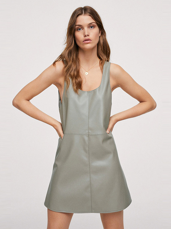 Sleeveless Shift Dress Backless U-Neck PU Leather Casual Tube Dress