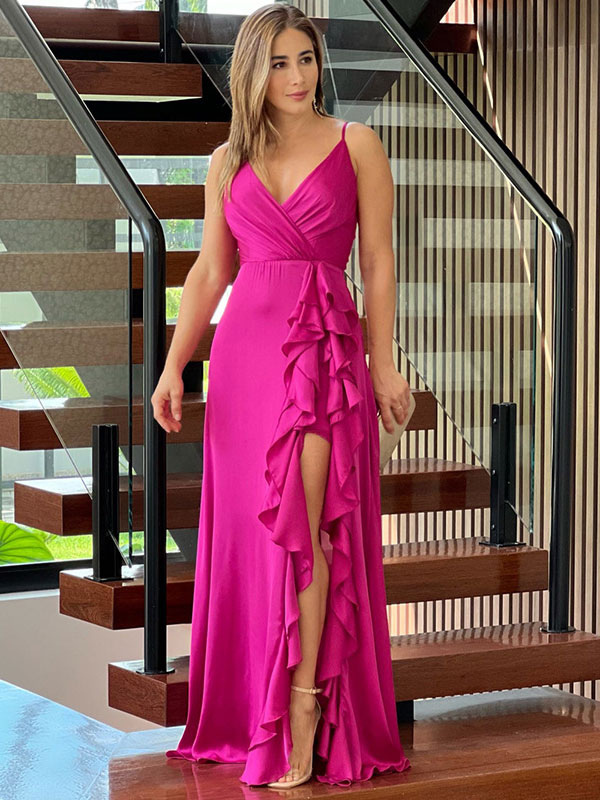 Slip Dresses V-neck High-slit Birthday Semi Formal Maxi Prom Dress