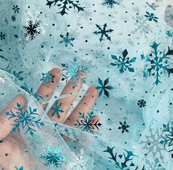 Snowflake Printed Iridescent Tulle Fabric | Organza Net Christmas Decoration Frozen, Snowflake, Kid's Dress, Skirt