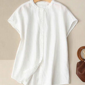 Solid Button Front Short Sleeve Stand Collar Blouse