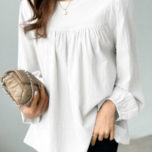 Solid Casual Keyhole Back Long Sleeve Crew Neck Blouse