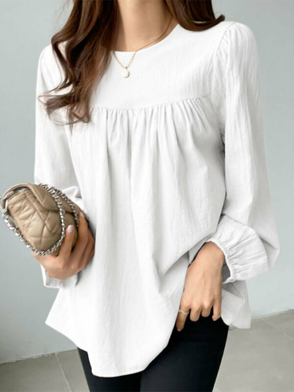 Solid Casual Keyhole Back Long Sleeve Crew Neck Blouse