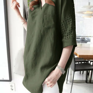 Solid Hollow Pocket V-neck Blouse For Women