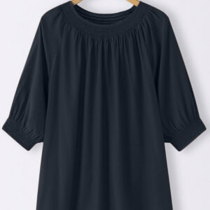 Solid Shirred Half Sleeve Crew Neck Loose Blouse