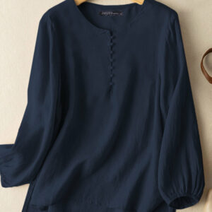 Solid Slit High-low Hem Crew Neck Long Sleeve Blouse