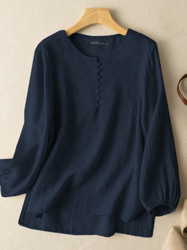 Solid Slit High-low Hem Crew Neck Long Sleeve Blouse