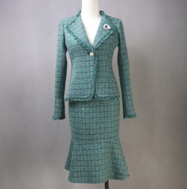 Spring Green Tweed Suit Custom in Plus Sizes Jacket + Fishtail Midi Skirt For Graduation, Wedding Guest, Personalised Gift, Speech Day