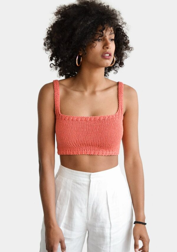 Square Neck Crop Top, Minimal Knit Cropped Yoga Hand Knit, Neckline, Sports Bra, Fitted Cotton Bralette in Coral Orange