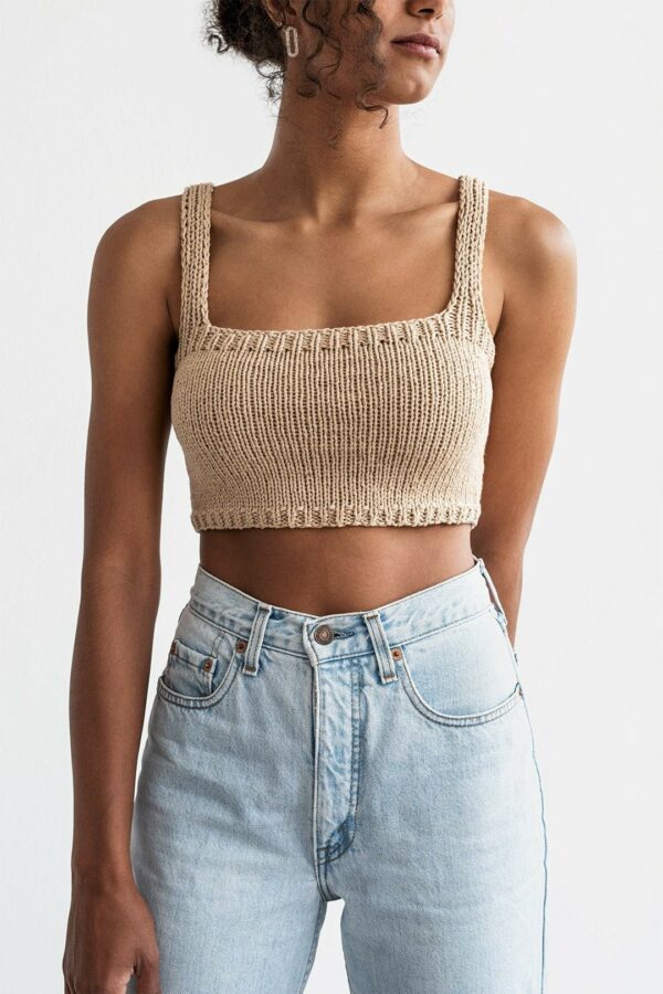 Square Neck Crop Top, Minimal Knit Cropped Yoga Hand Knit, Neckline, Sports Bra, Fitted Cotton Bralette in Light Wheat