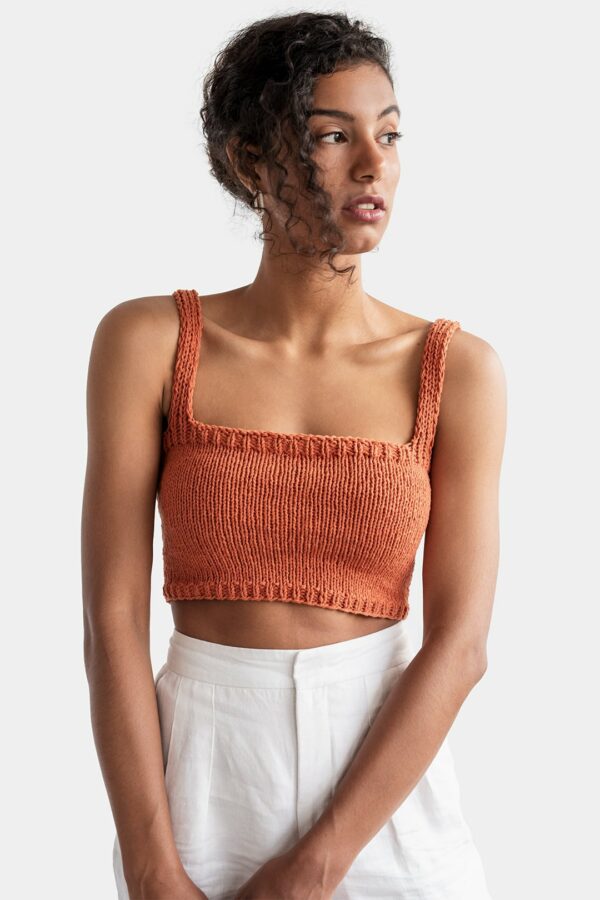 Square Neck Crop Top, Minimal Knit Cropped Yoga Hand Knit, Neckline, Sports Bra, Fitted Cotton Bralette in Terra Cotta