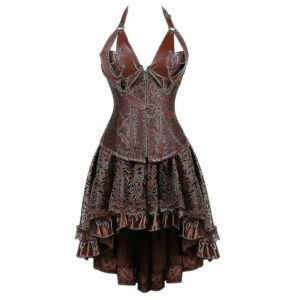 (Steampunk Corset Dress Women Gothic Faux Leather Corset With Asymmetric Lace Skirt Set S-6xl) Steampunk Corset Dress Women Gothic Faux Leather Corset