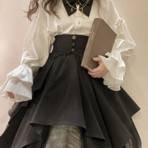 Steampunk Lolita Outfits Black Pleated Long Sleeves Skirt Top