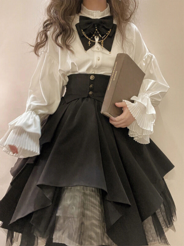 Steampunk Lolita Outfits Black Pleated Long Sleeves Skirt Top