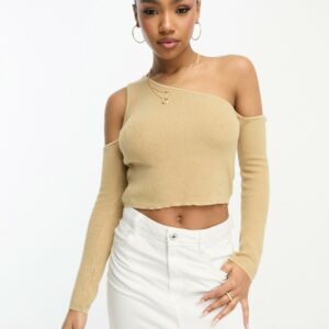 Stradivarius cold shoulder open knit top in camel-Black