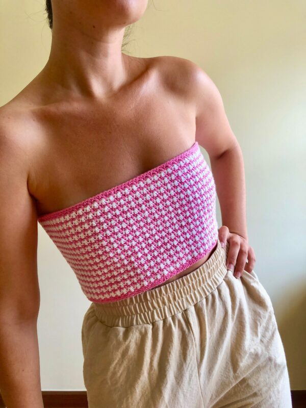 Strapless Top, Tube Y2K Crop Bralette, Crochet Hot Pink Bandeau Striped Strapless Top