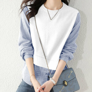 Stripe Panel Long Sleeve Crew Neck Two Pieces Blouse