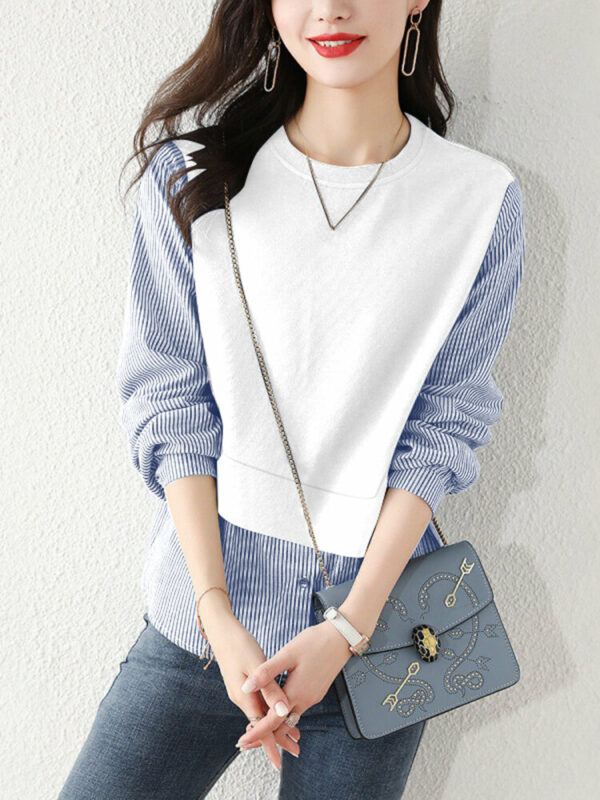 Stripe Panel Long Sleeve Crew Neck Two Pieces Blouse