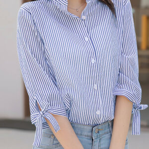 Stripe Print Tie-up At Cuffs Button Stand Collar Blouse