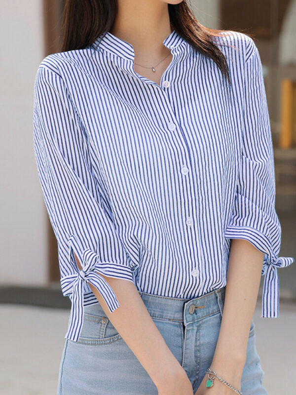 Stripe Print Tie-up At Cuffs Button Stand Collar Blouse