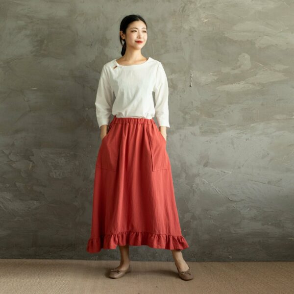 Summer Cotton Skirts A-Line Pleated High-Low Hem Elastic Waist Skirt Flared Casual Loose Maxi Customized Plus Size Boho Linen