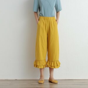 Summer Elastic Waist Cotton Pants Soft Casual Loose Cropped Pant Midi Trousers Wide Leg Skirt Customized Plus Size Linen