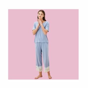 Super Soft Womens Summer Short Sleeve Pajama Set, Bamboo Nightgown, Babydoll Nightie, Bridesmaid Pjs, Matte Blue Pink, Gifts