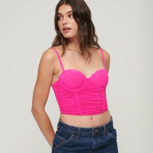 Superdry Women's Lace Ruched Mesh Crop Corset Top, Pink, Size: 14