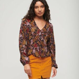 Superdry Women's Printed Long Sleeve V-Neck Blouse Brown / Black Juju Floral - Size: 10