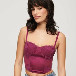 Superdry Women's Satin and Mesh Lace Corset Top Purple / Magenta Purple - Size: 14