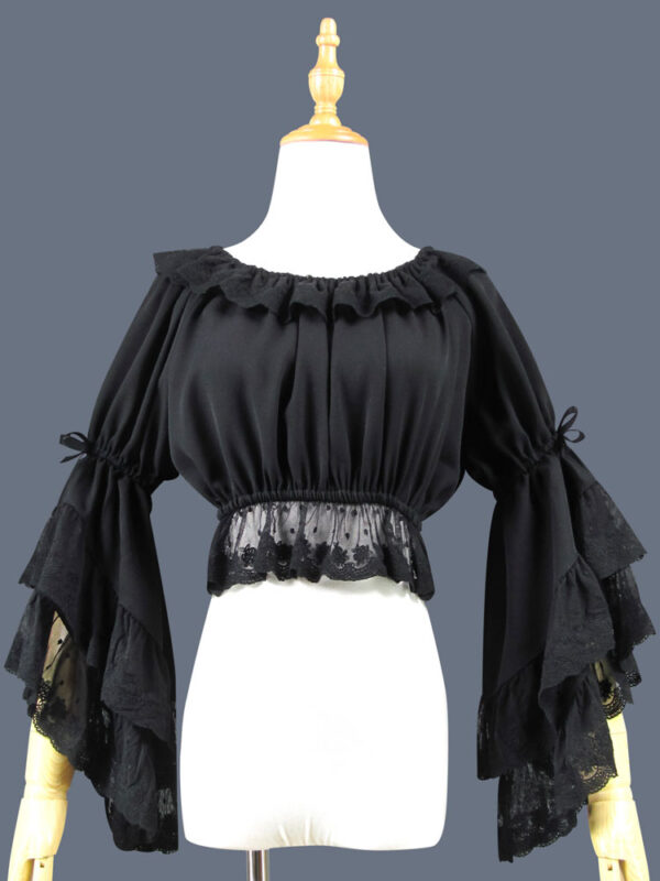 Sweet Lolita Blouse Lace Ruffle Bow Hime Sleeve Chiffon Black Lolita Crop Top