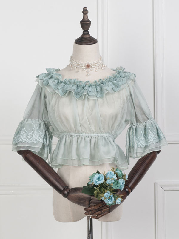 Sweet Lolita Blouse Lace Ruffle Velour Light Green Lolita Crop Top