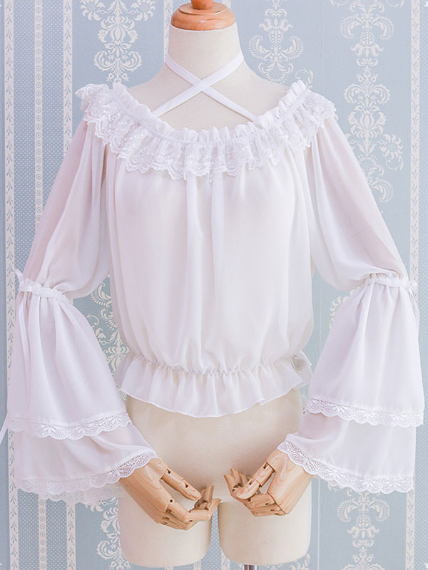 Sweet Lolita Blouse Ruffle Lace Pleated Srappy White Lolita Top